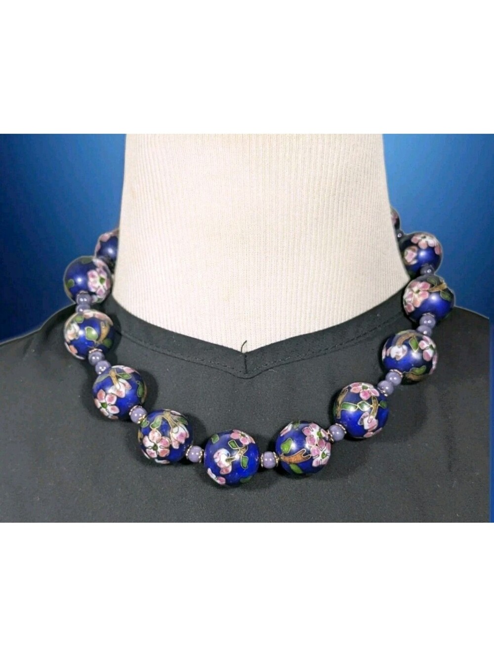 Vintage Cloisonné Cobalt Blue Floral Enamel 16mm Estate Large Statement Necklace